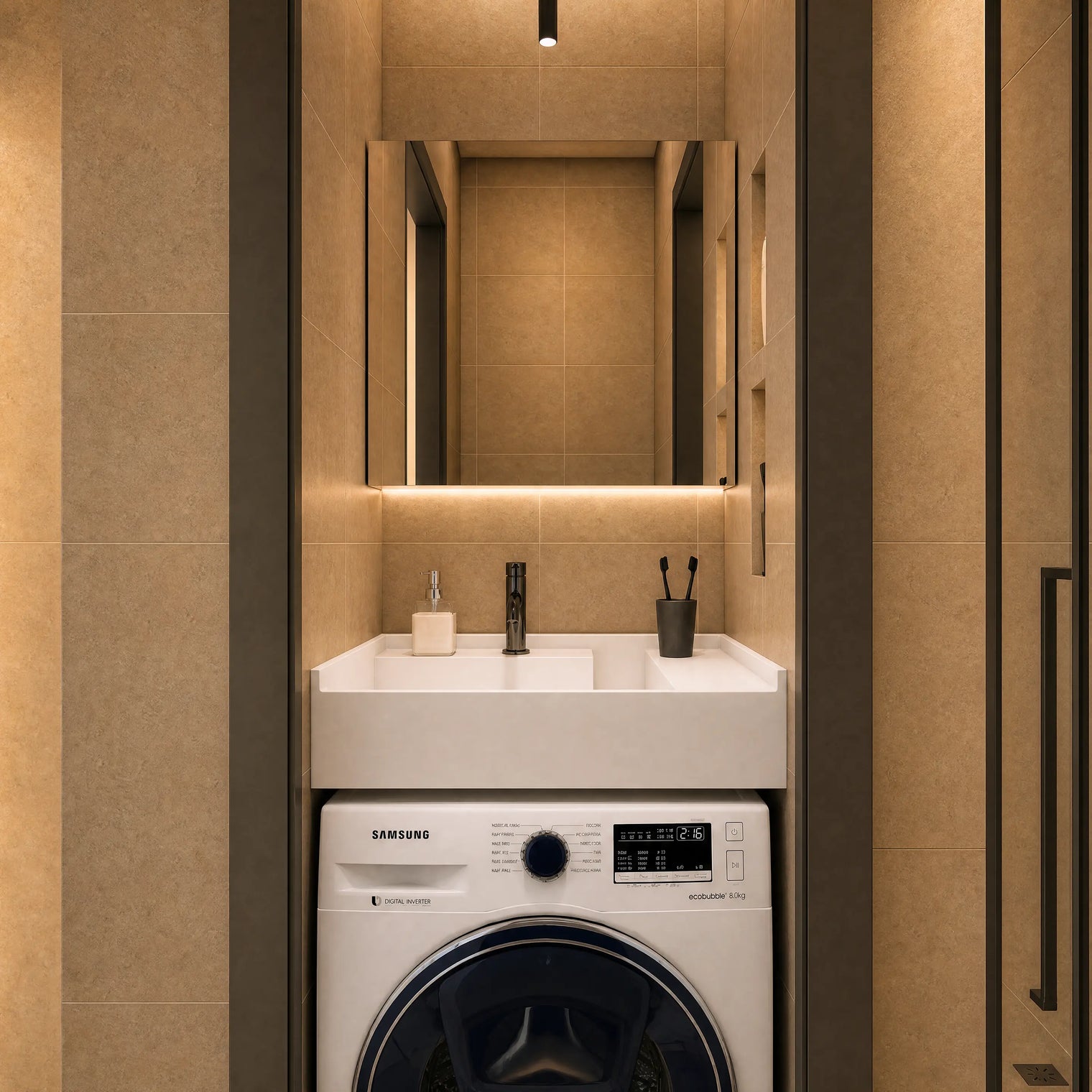 A modern bathroom setup featuring a Samsung washing machine integrated beneath a white double-sink vanity with a large mirror and warm ambient lighting.