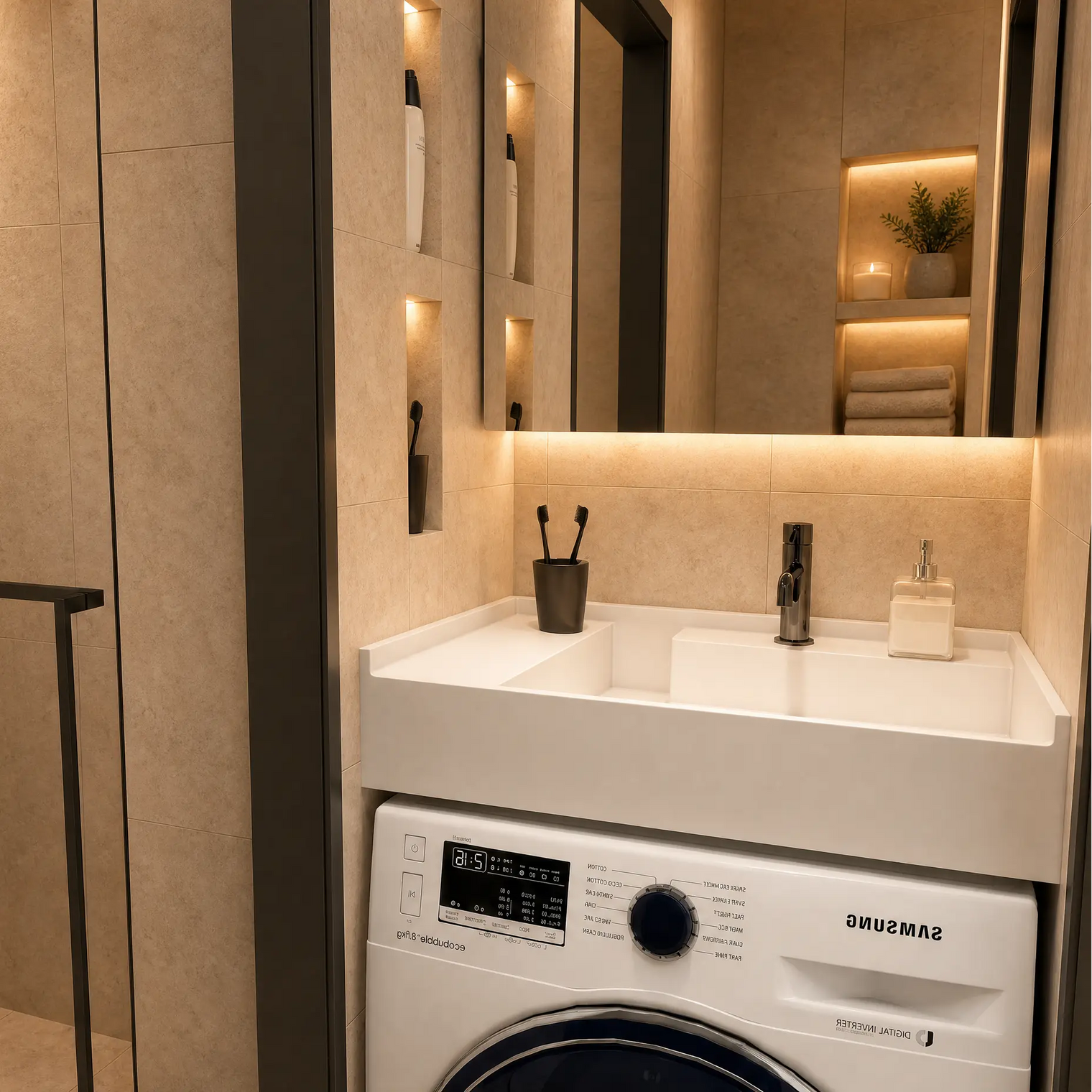 A modern bathroom vanity setup featuring a white Samsung washing machine integrated beneath a white sink with a chrome faucet, set against warm beige stone walls with built-in shelving and a glass shower enclosure.