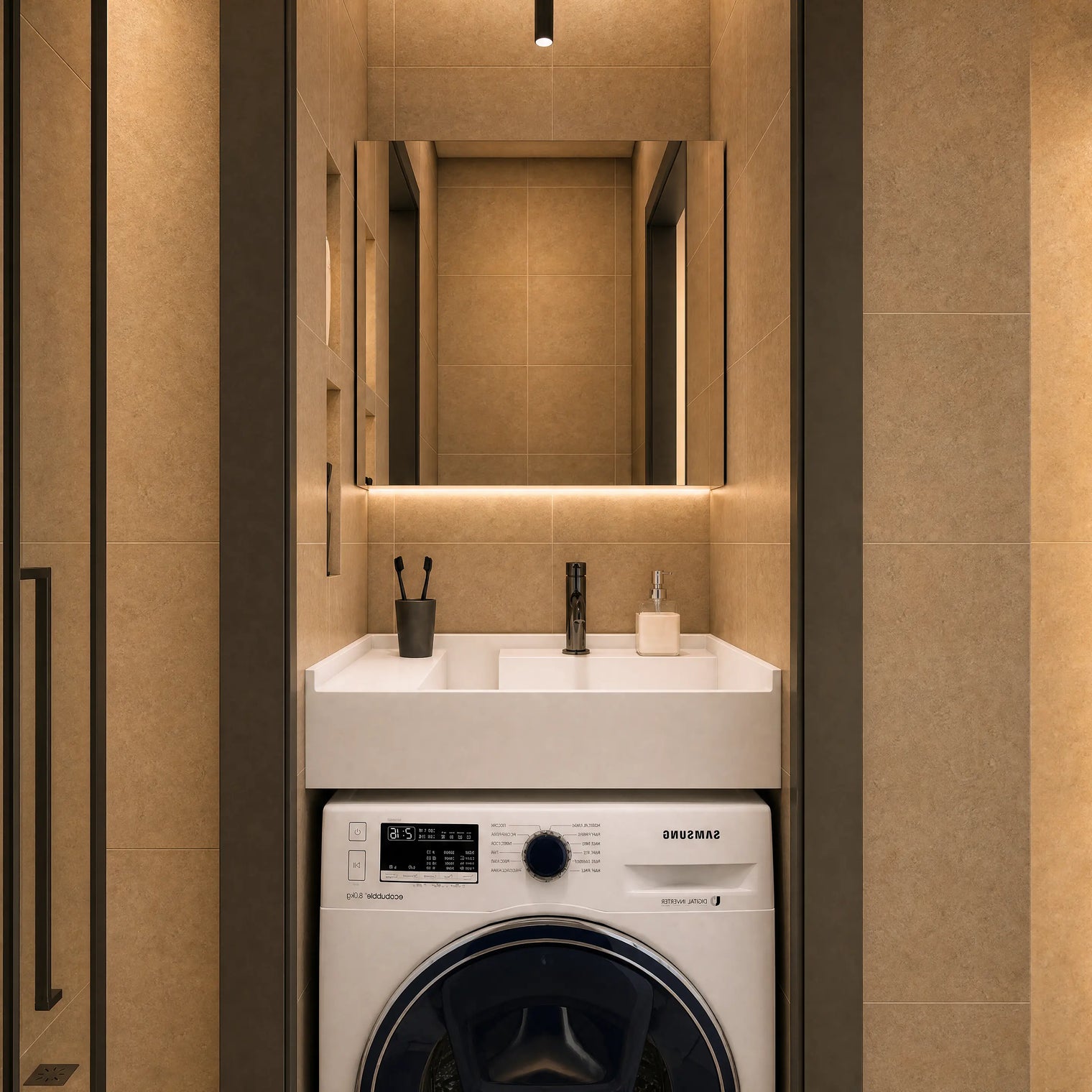 A modern bathroom setup featuring a Samsung washing machine integrated beneath a white double-sink vanity with a large mirror and warm ambient lighting.