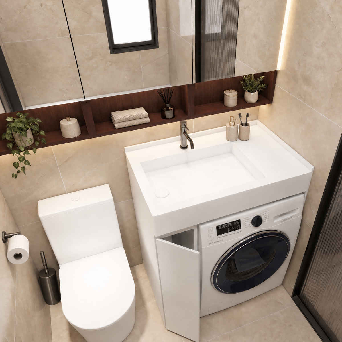 A modern bathroom vanity setup with a white rectangular sink and integrated washing machine cabinet, shown next to a toilet in a beige tiled bathroom.