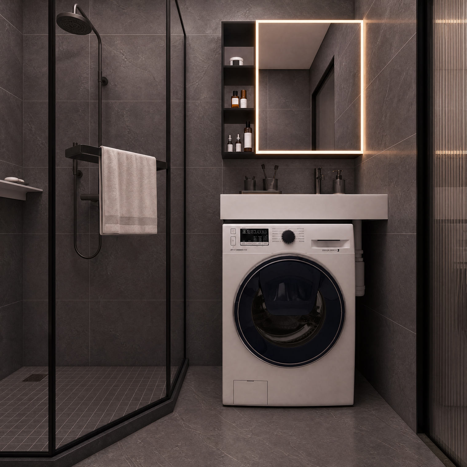 A white front-load washing machine with a dark blue circular door is installed beneath a white sink and illuminated rectangular mirror in a modern dark gray bathroom. To the right is a glass shower enclosure with a hanging towel.