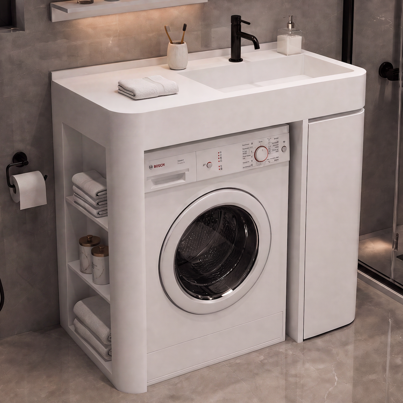 A white under-counter washing machine and dryer combo cabinet in a modern gray bathroom with a sink, toilet, and glass shower enclosure.