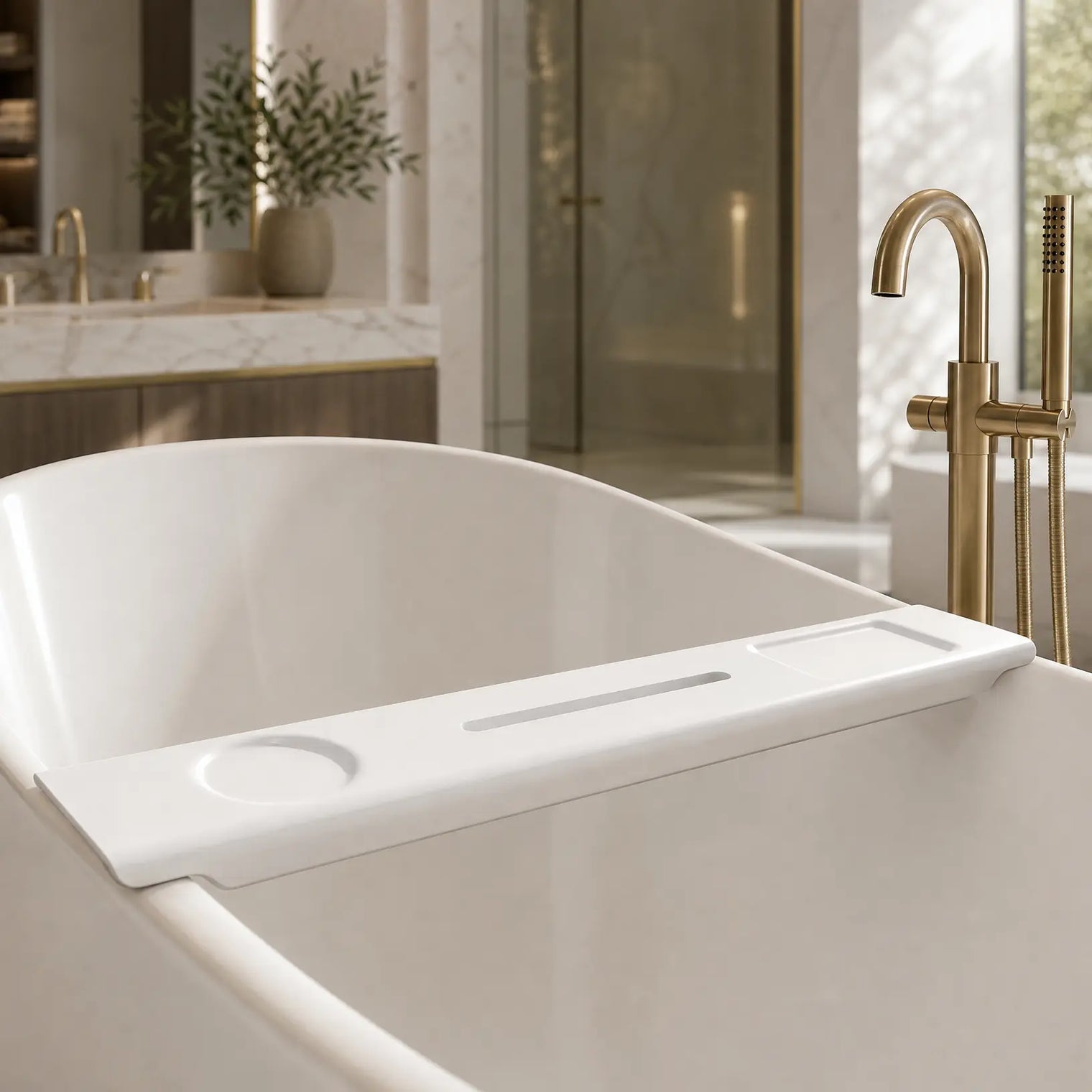 A white freestanding bathtub with a white caddy across the rim, shown in a luxurious modern bathroom with gold fixtures and marble surfaces.