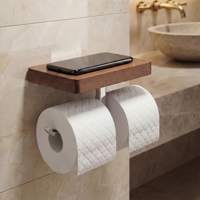 Wooden shelf with a smartphone and toilet paper holder in a bathroom setting.