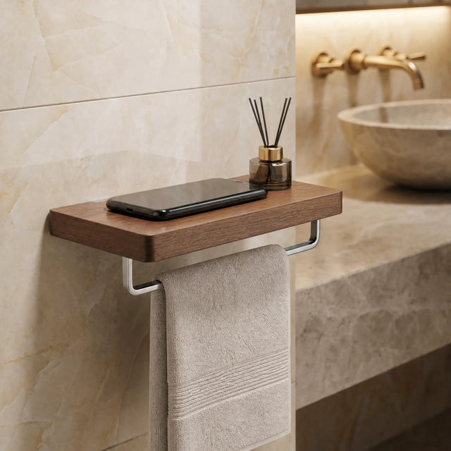 Bathroom setting with wooden shelf, towel, and phone on a tiled wall.