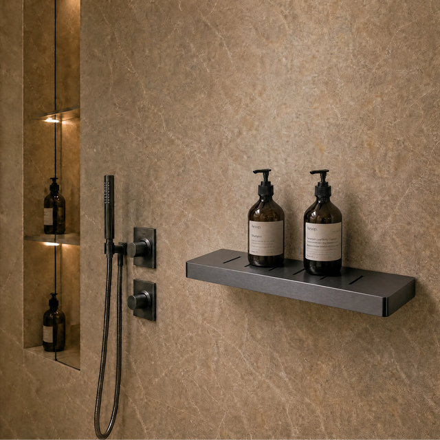 Bathroom with shower setup and two bottles on a shelf.