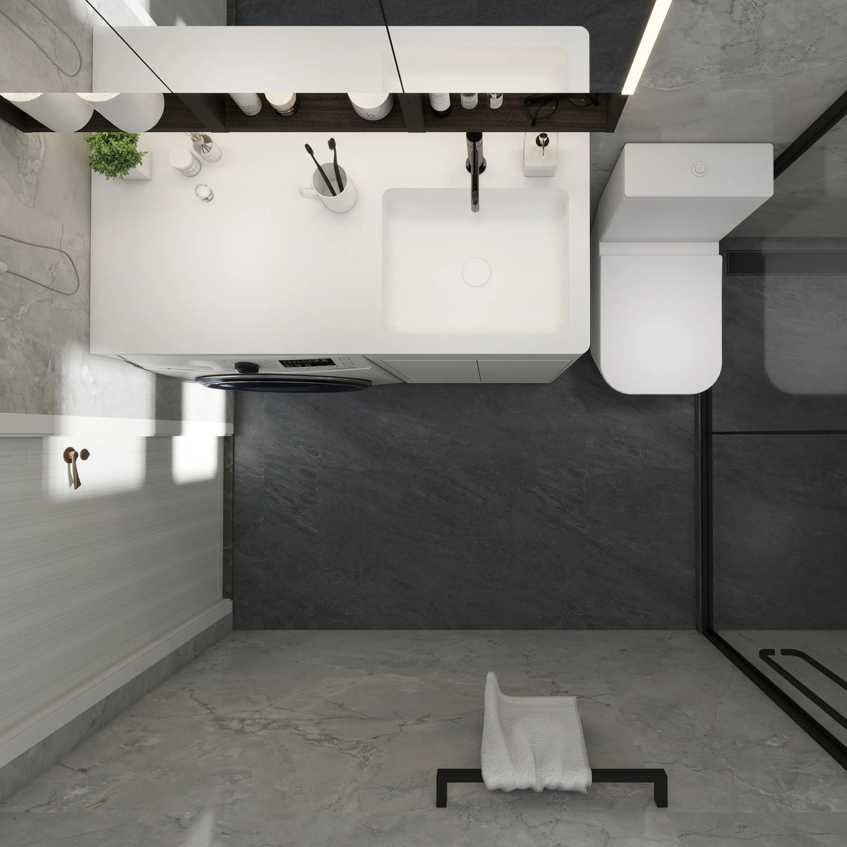 Modern bathroom with white sink and gray tiles
