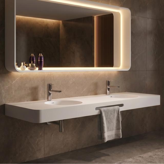 Bathroom with a modern sink and illuminated mirror.