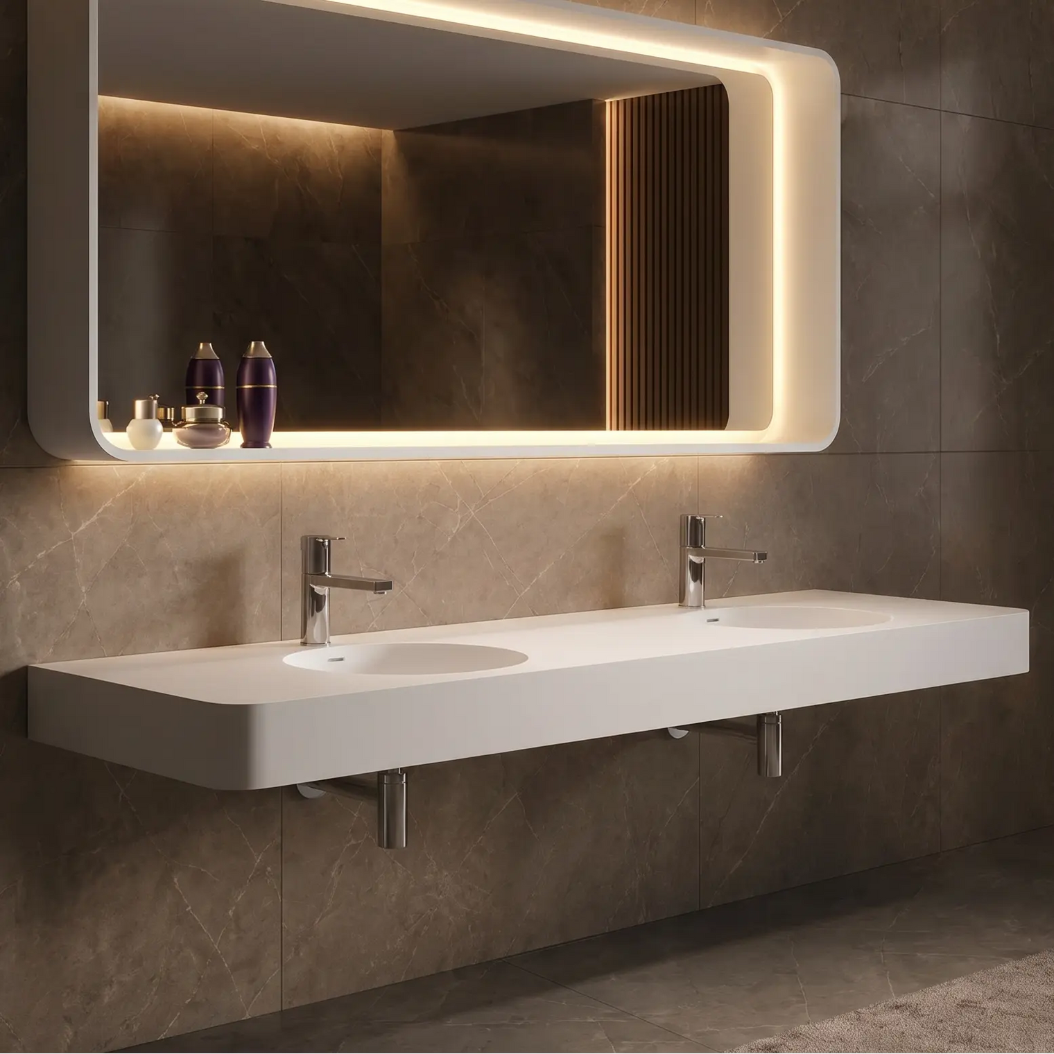 Bathroom with a modern sink and illuminated mirror.