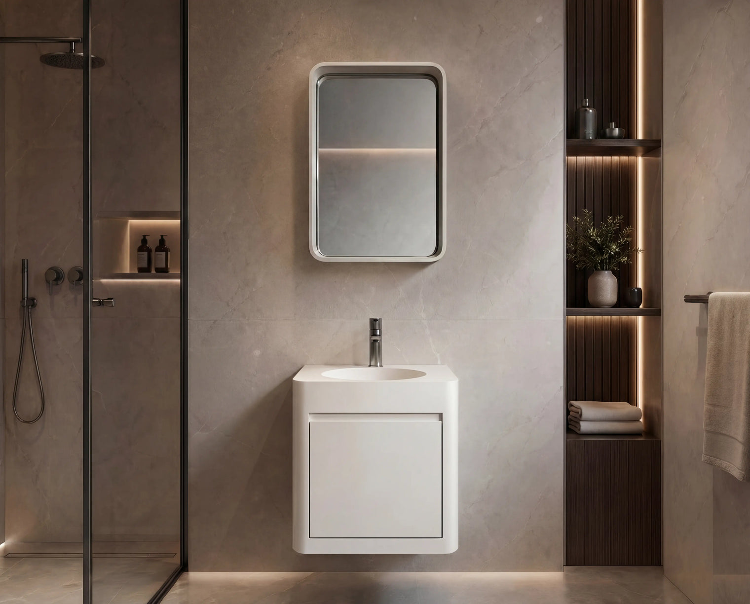 Modern bathroom with a white sink and mirror against a beige wall.