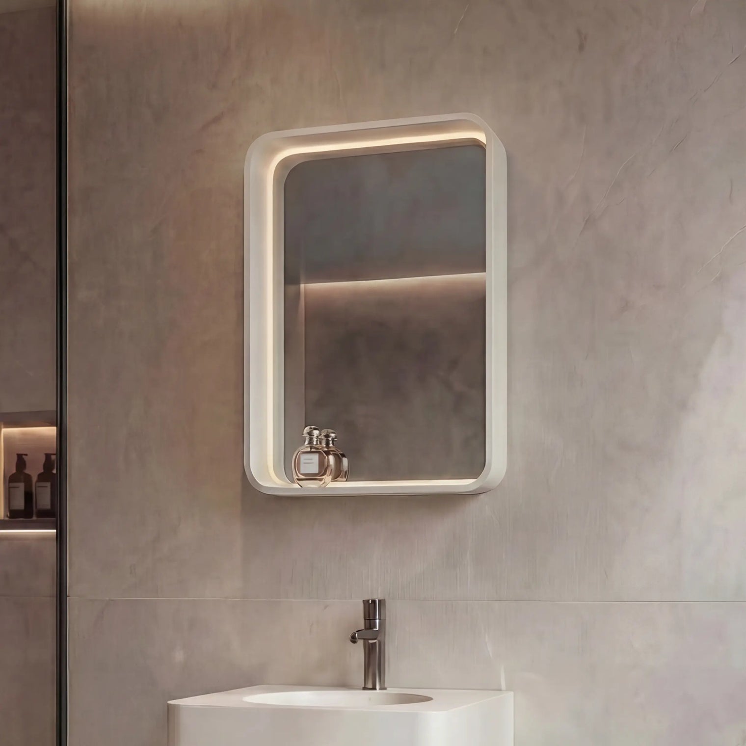 Modern bathroom with a sink, mirror, and shelves.