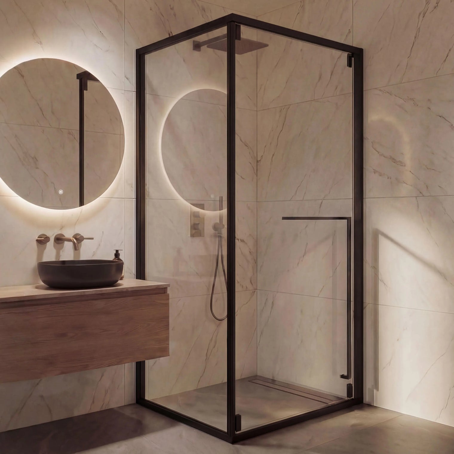 Modern bathroom with shower enclosure, round mirror, and wooden vanity.