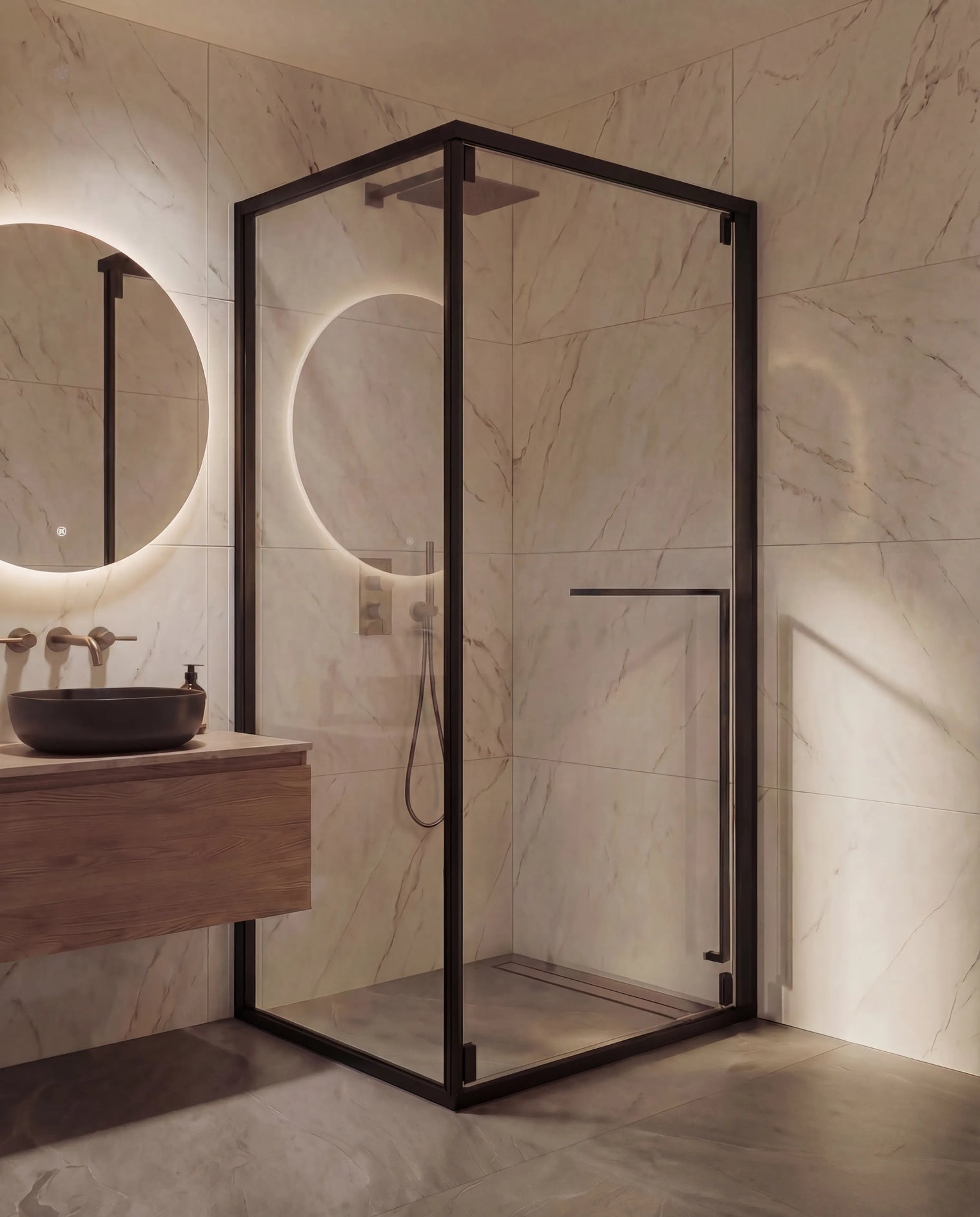 Modern bathroom with shower enclosure, sink, and circular mirror.