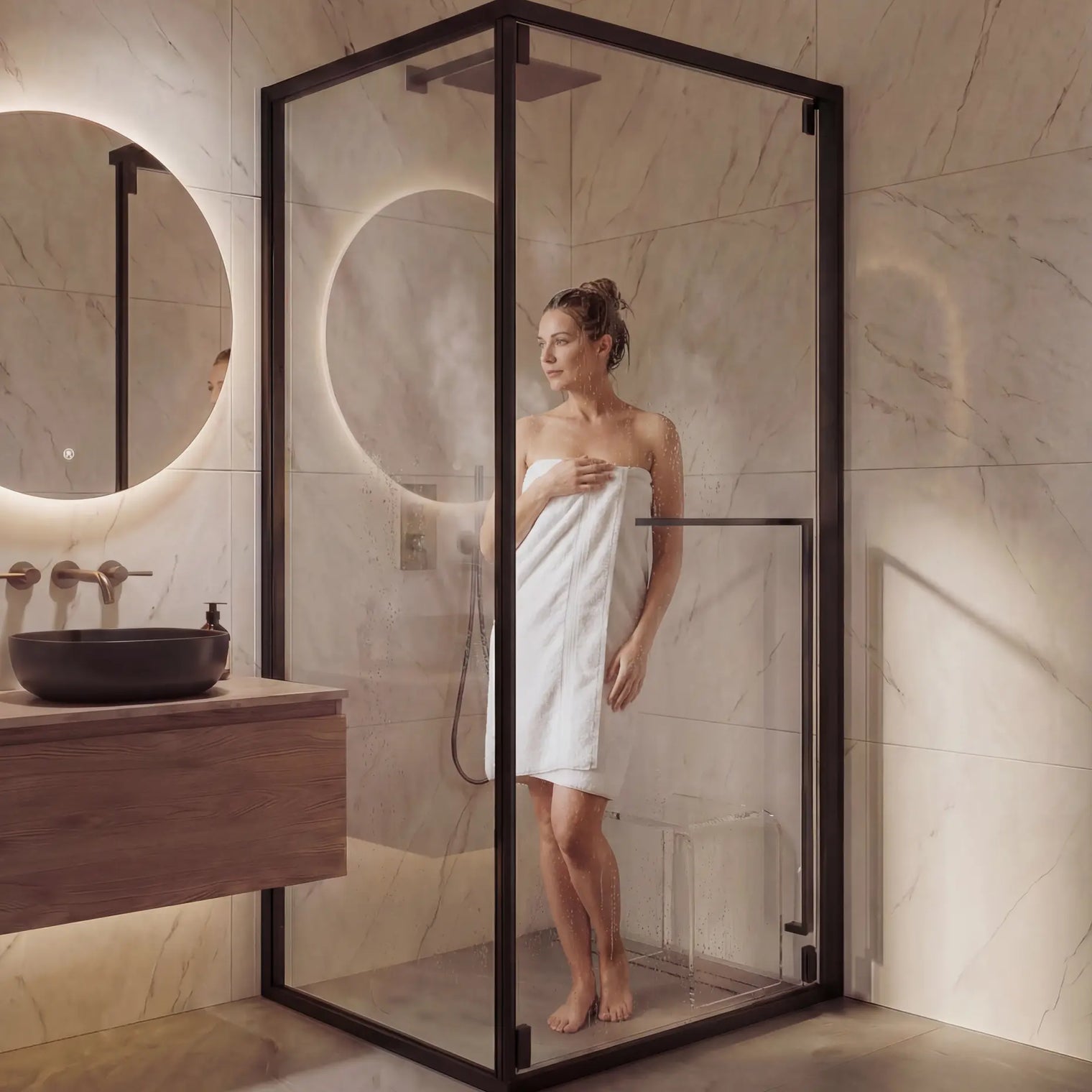 Woman standing in a modern shower enclosure with marble walls and a vanity.