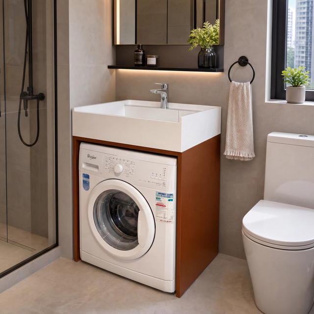 A compact bathroom washing machine vanity with a white front-loading washing machine and a white rectangular sink on a brown wood cabinet, shown in a modern beige-toned bathroom next to a toilet and shower enclosure.