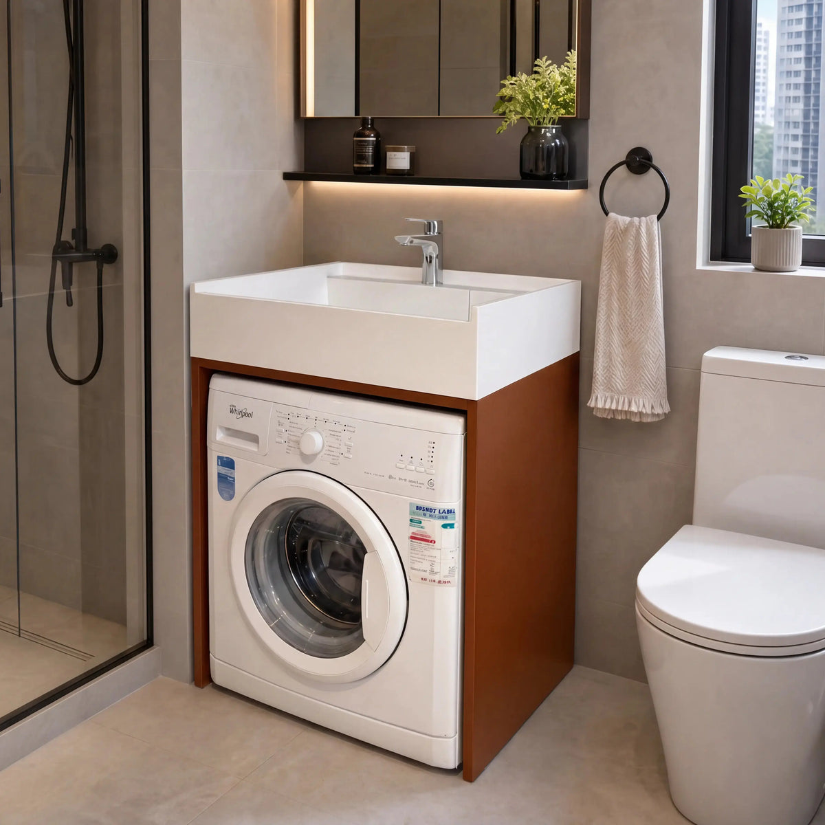 A compact bathroom washing machine vanity with a white front-loading washing machine and a white rectangular sink on a brown wood cabinet, shown in a modern beige-toned bathroom next to a toilet and shower enclosure.