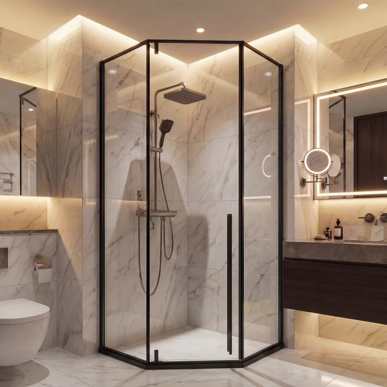 Modern bathroom with shower enclosure, toilet, and vanity area.