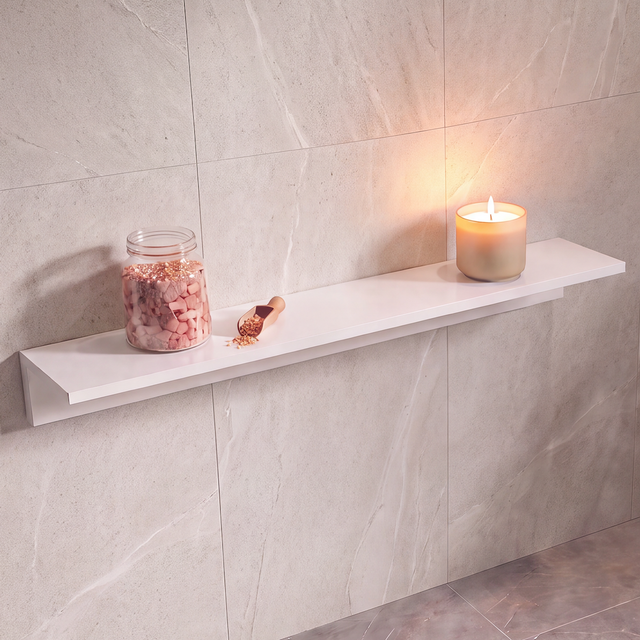 A minimalist white floating shelf mounted on a light beige marble-tiled bathroom wall, styled with a glass jar of rose petals and a burning candle. A potted green plant sits on the floor nearby, and a soft pink shag rug is visible in the foreground.