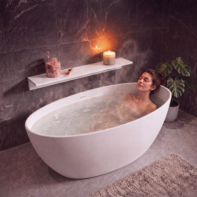 A woman relaxes in a white freestanding bathtub filled with warm water in a modern bathroom with dark gray marble walls and floor. A floating shelf holds candles and a jar of bath salts, and a potted plant sits to the side.