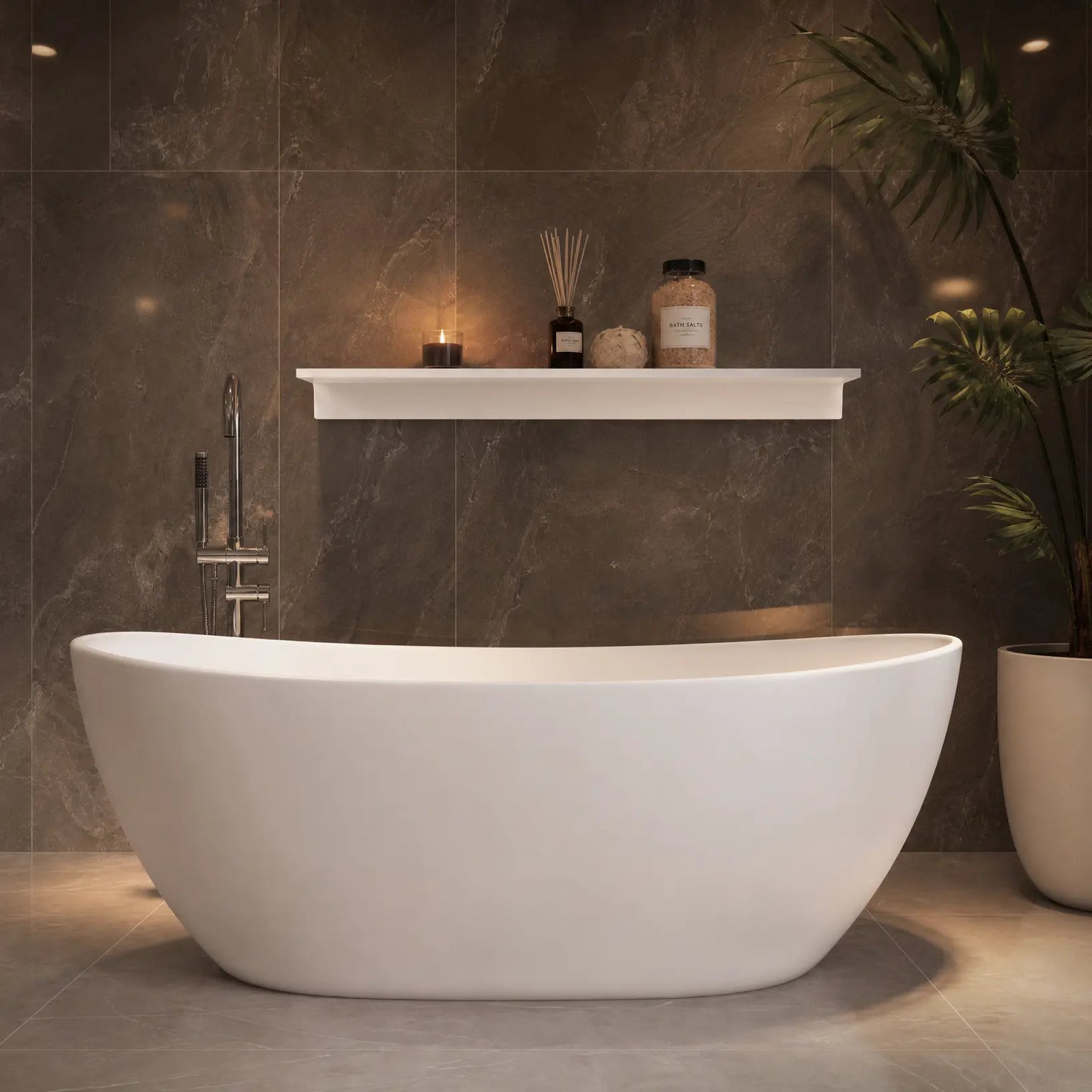 A modern freestanding oval bathtub in matte white, set against a dark brown tiled wall with a floating shelf holding candles and toiletries, and a potted plant to the right.