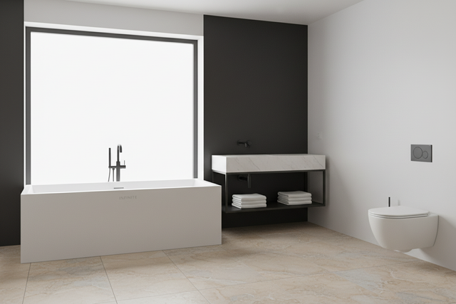 現代浴室翻新設計，INFINITE浴缸、掛牆洗手盆、膚感石材與啞色馬桶呈現高端質感