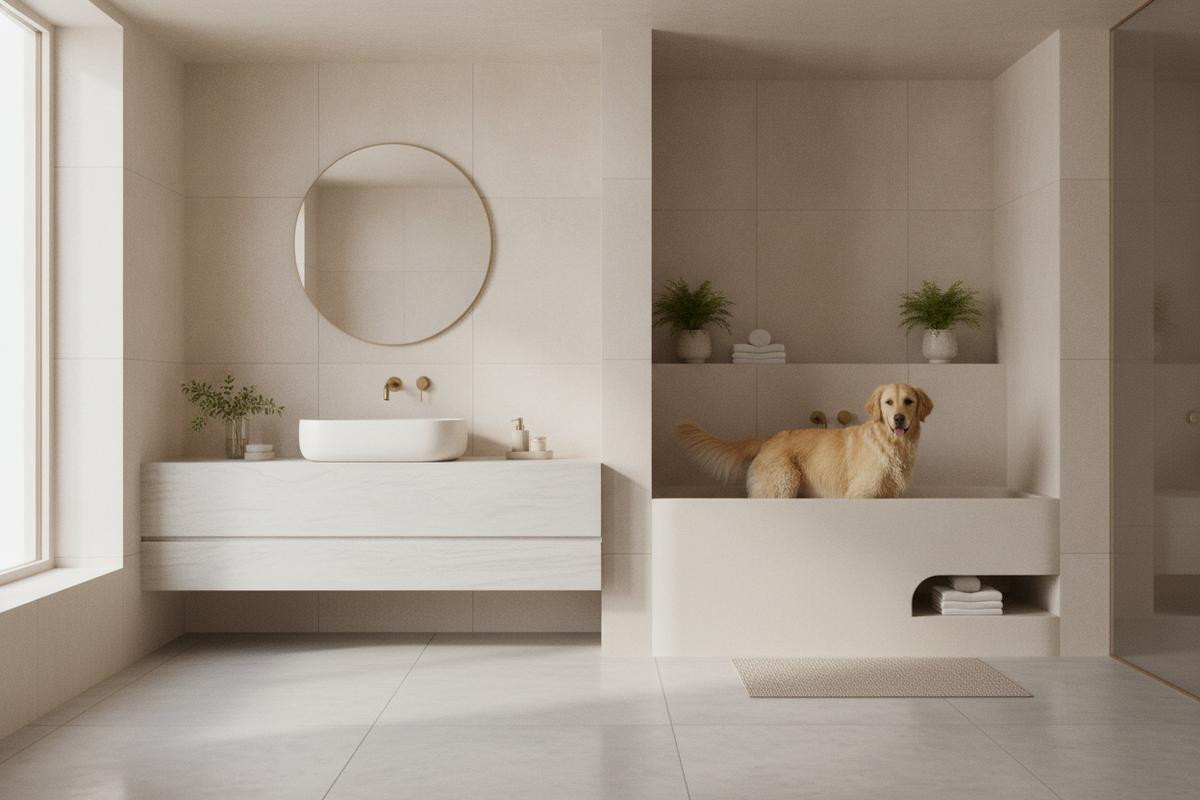 INFINITE Doggie Bath寵犬浴缸以膚感石打造，呈現高端寵物衛浴設計靈感
