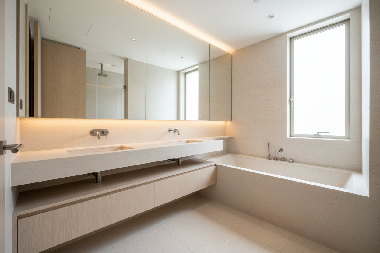 INFINITE掛牆洗手盆配膚感石港式迷你浴缸，訂造潔具打造高端浴室空間