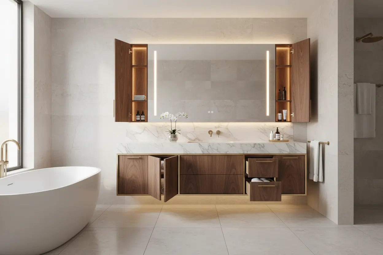 豪華訂製鏡櫃搭配大理石檯面，打造高端浴室空間靈感