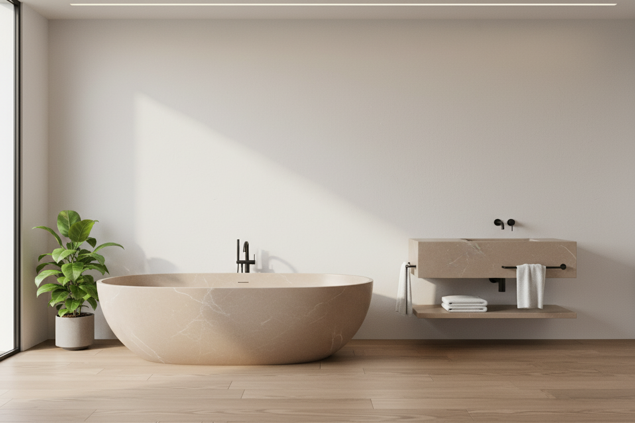 INFINITE膚感石潔具浴缸與一體無縫多功能洗手盆，打造高端衛浴空間靈感