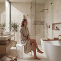 Woman sitting on a stool in a modern bathroom with a bathtub and shower.