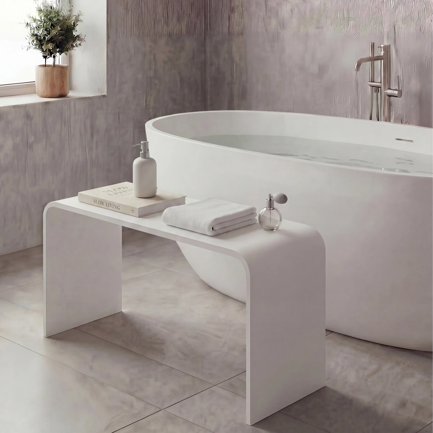 Modern bathroom with a freestanding bathtub, white bench, and decorative items.