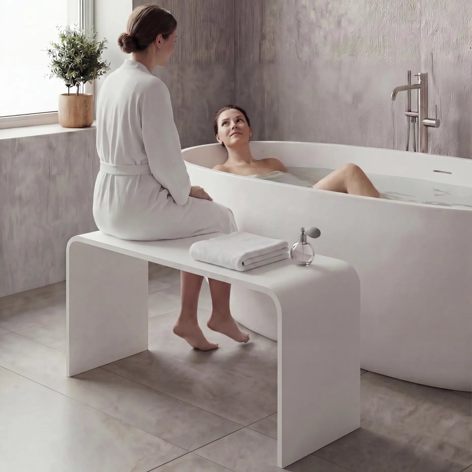 Two women in a modern bathroom with one sitting on a bench by a bathtub and the other lying inside.