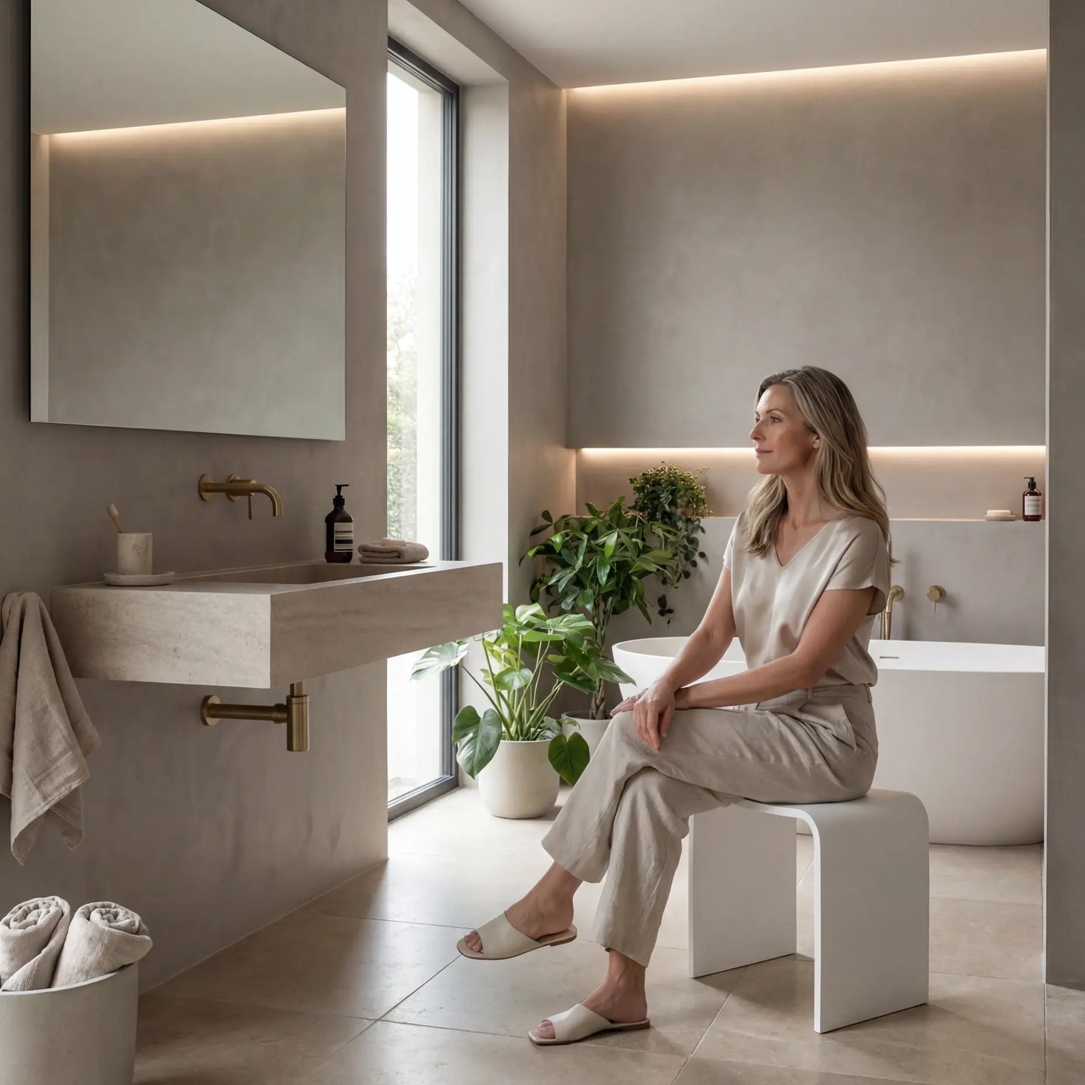 Woman sitting on a stool in a modern bathroom with neutral tones.