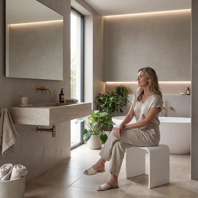 Woman sitting on a stool in a modern bathroom with neutral tones.