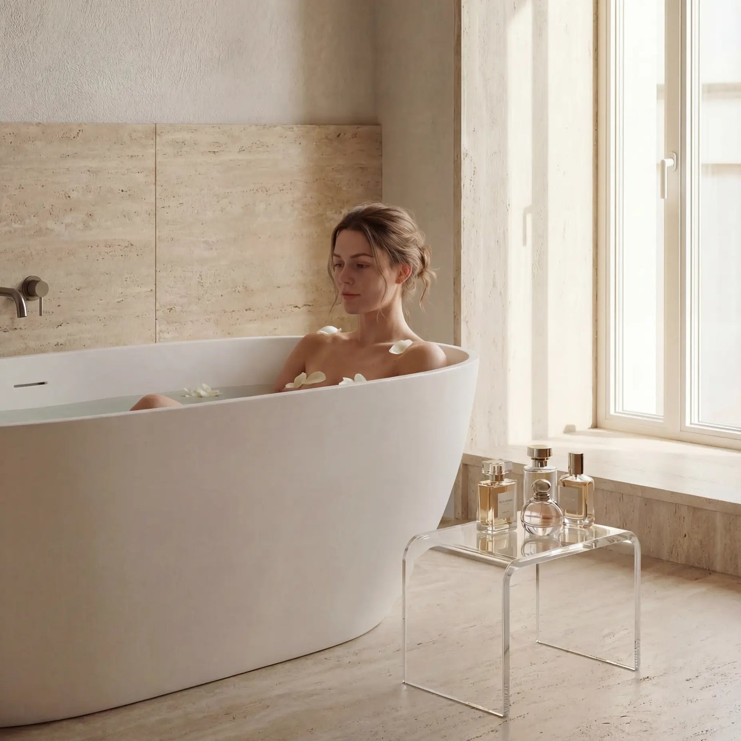 Woman relaxing in a freestanding bathtub in a modern bathroom.