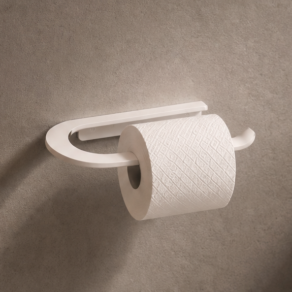 Wall-mounted toilet paper holder with a roll of toilet paper on a bathroom wall.