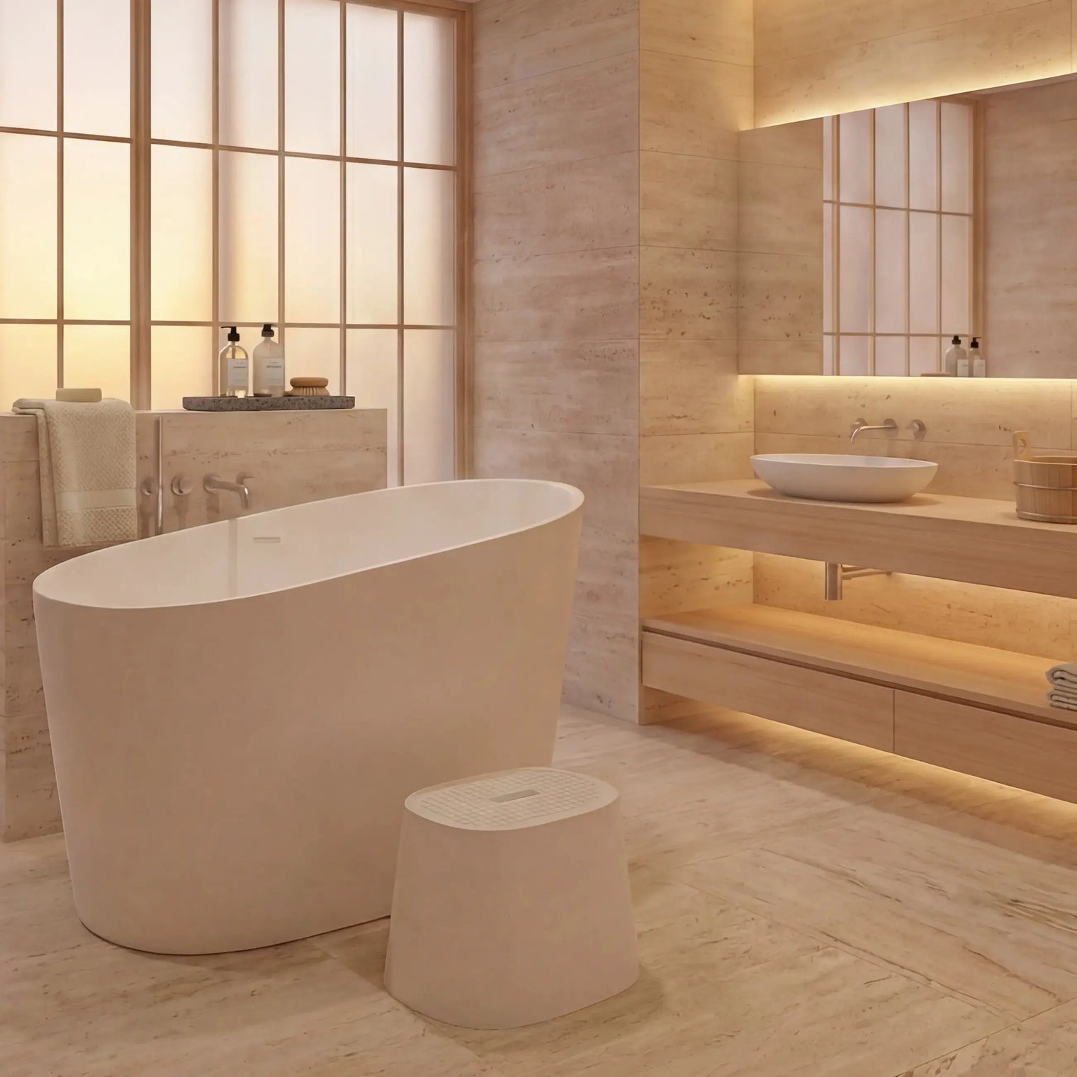 Modern bathroom with a freestanding bathtub, sink, and decorative elements.
