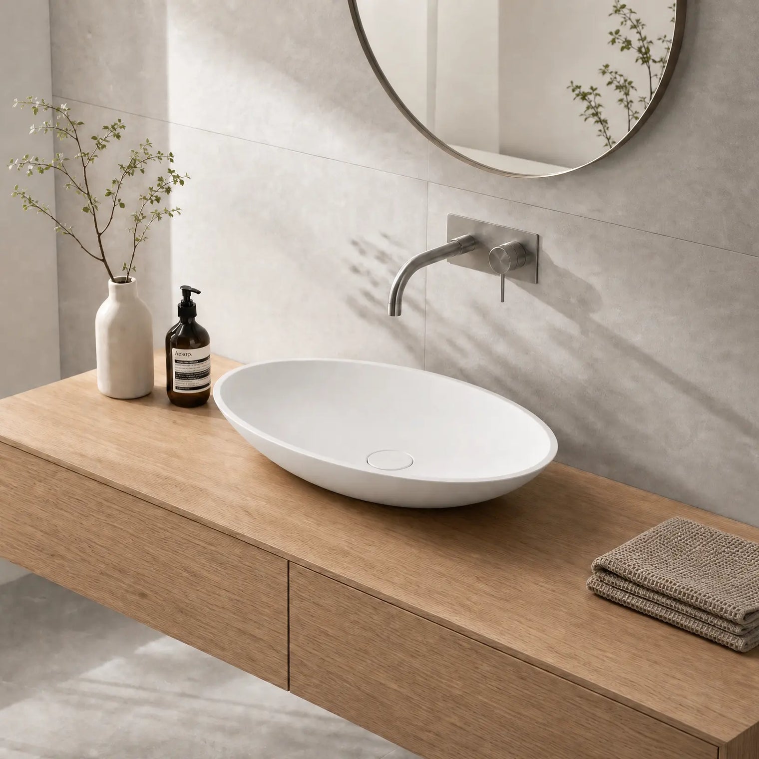 Bathroom vanity with a white sink, wooden cabinet, and decorative items.