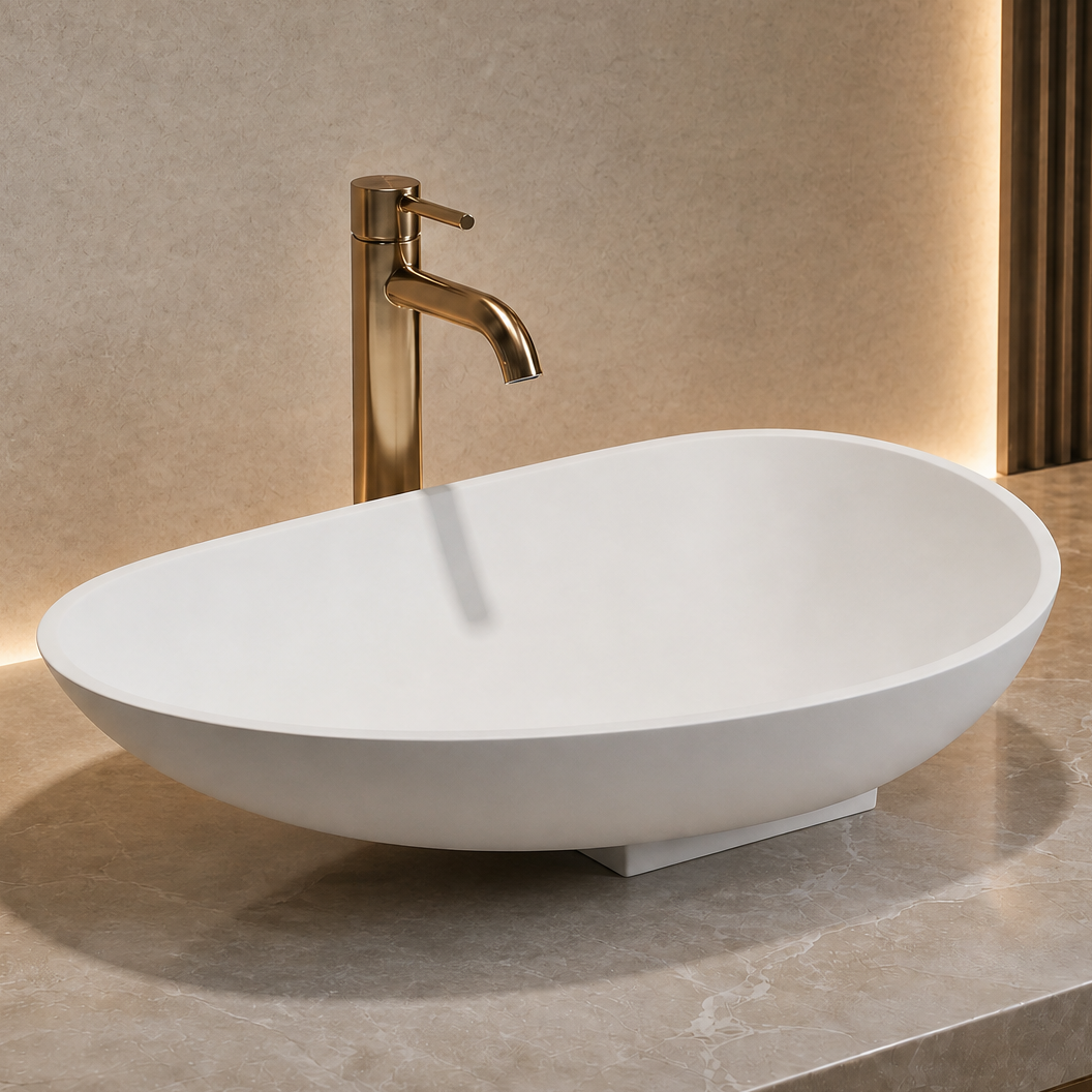 White oval Solid Surfaces sink with gold faucet on a marble countertop in a bathroom setting.