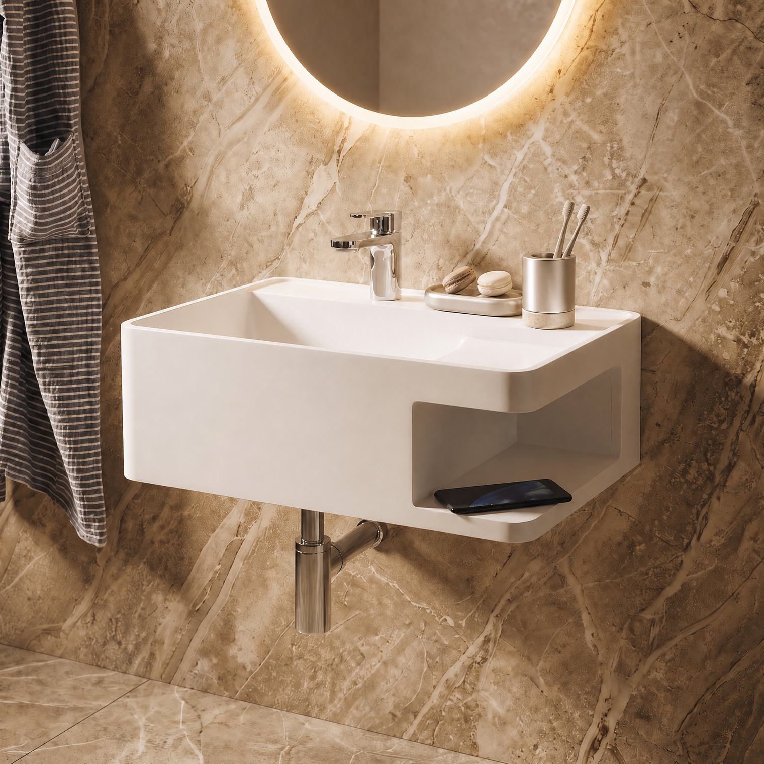 A modern white wall-mounted sink with a chrome faucet and side shelf, installed in a brown marble bathroom with a lit round mirror and a striped towel hanging on the left.