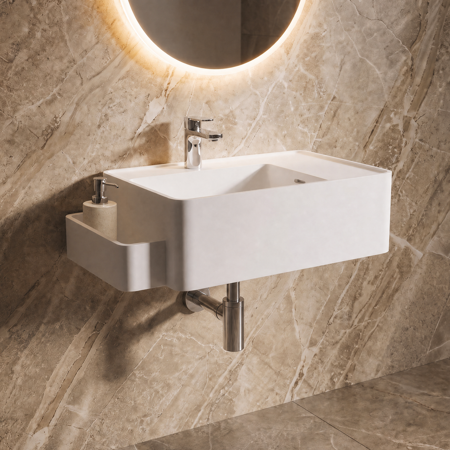 A modern white rectangular wall-mounted sink with a chrome faucet and side holder, installed on a beige marble-look wall beneath a lit round mirror.