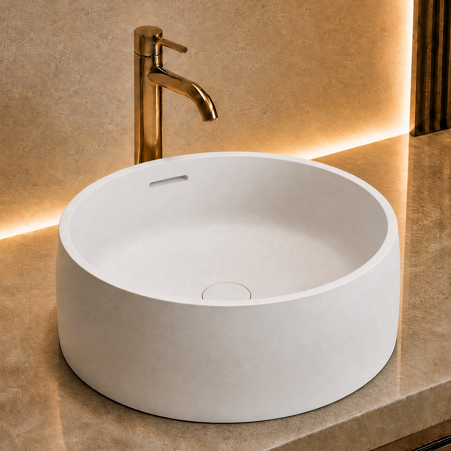 Modern bathroom vanity with a white solid surfaces sink and gold faucet.