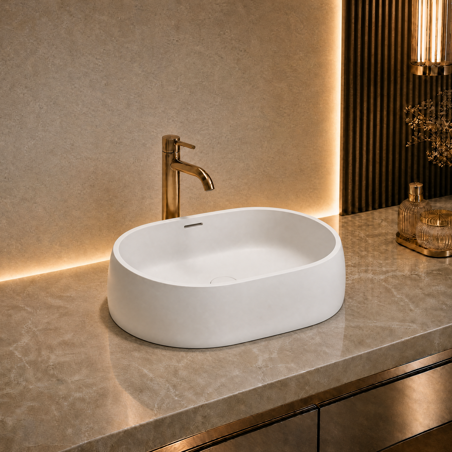 Modern bathroom solid surfaces sink with gold faucet on a marble countertop