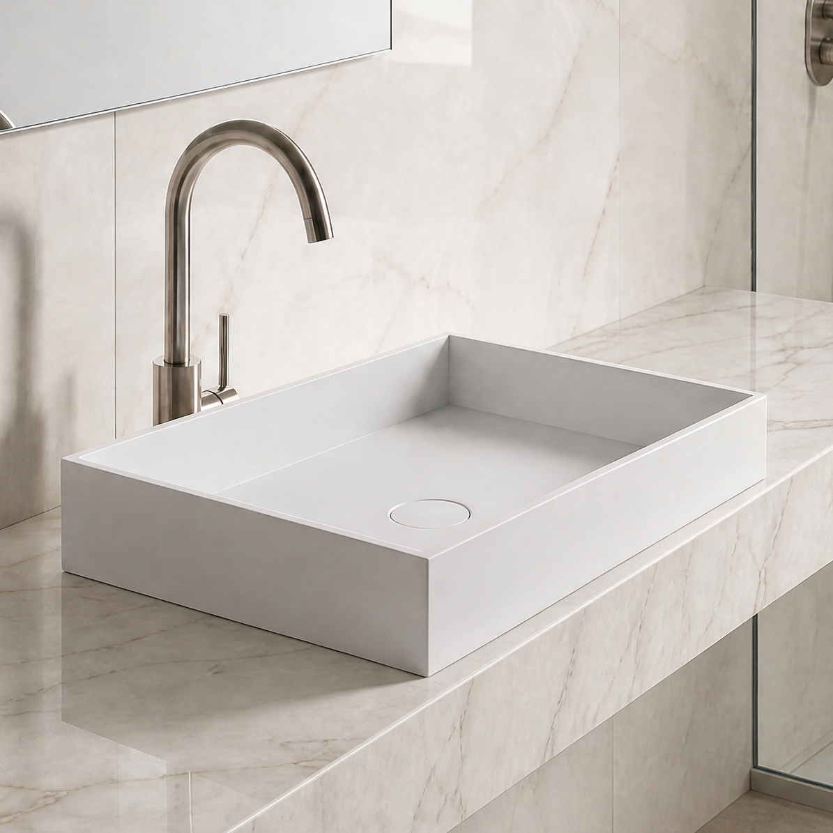 Modern bathroom with marble vanity and solid surfaces basin