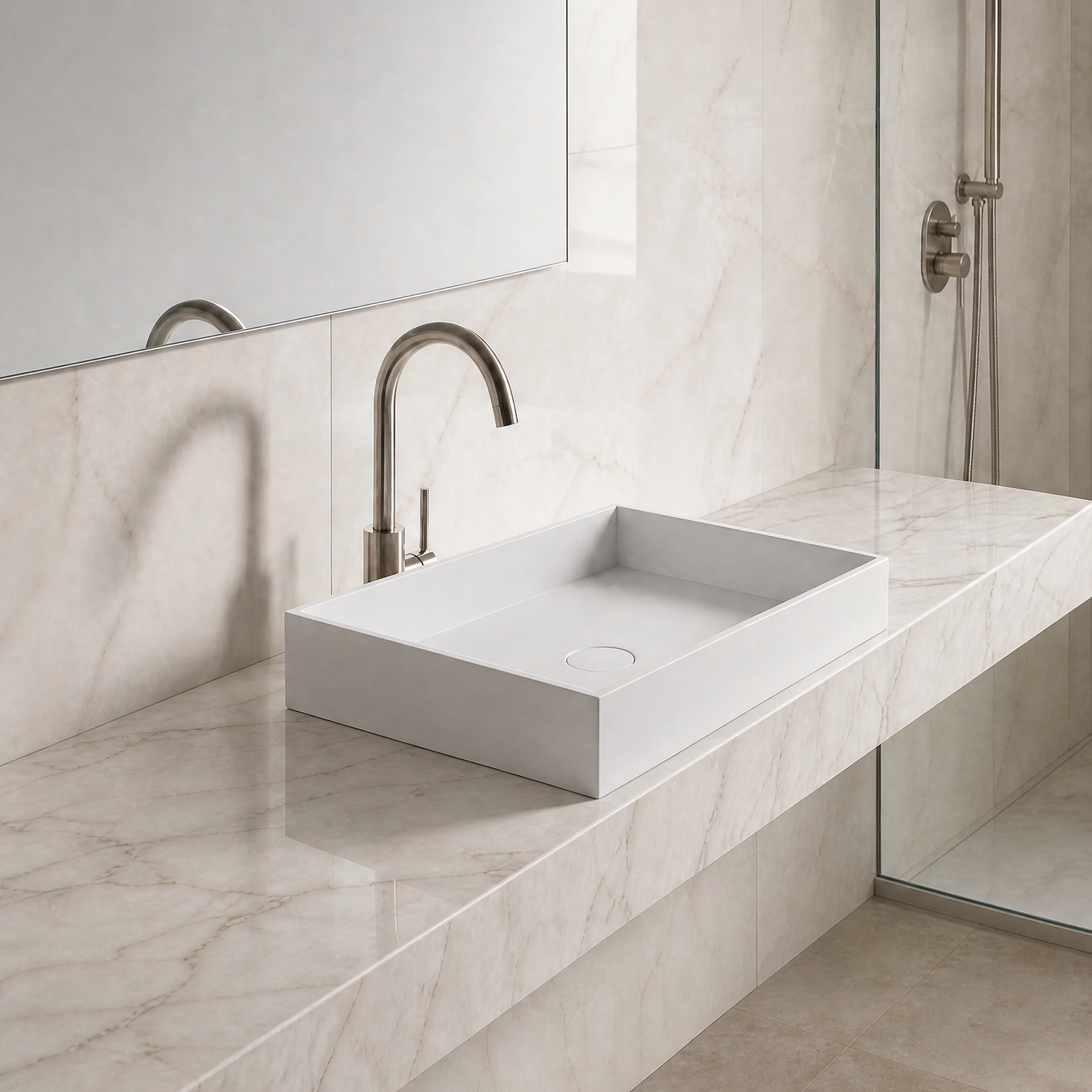 Modern bathroom with marble vanity and solid surfaces sink