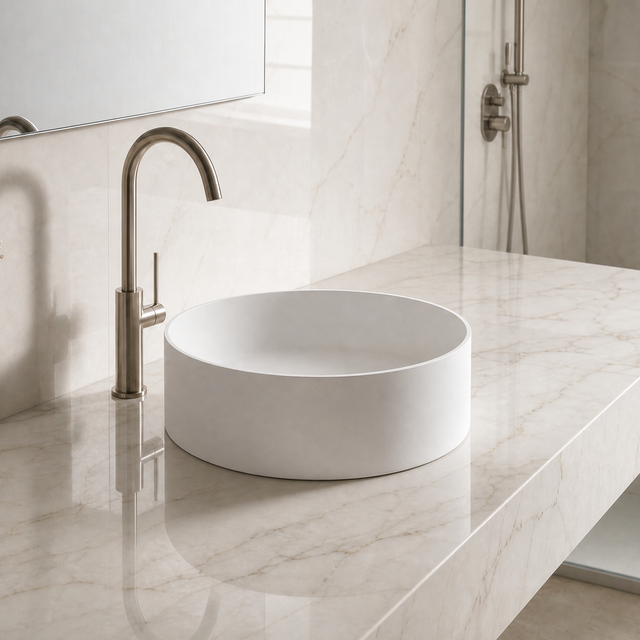 Modern bathroom with a round solid surfaces white sink and bronze faucet on a marble countertop.