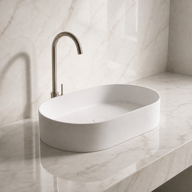 White Solid Surfaces oval sink on a marble countertop with a matching wall.