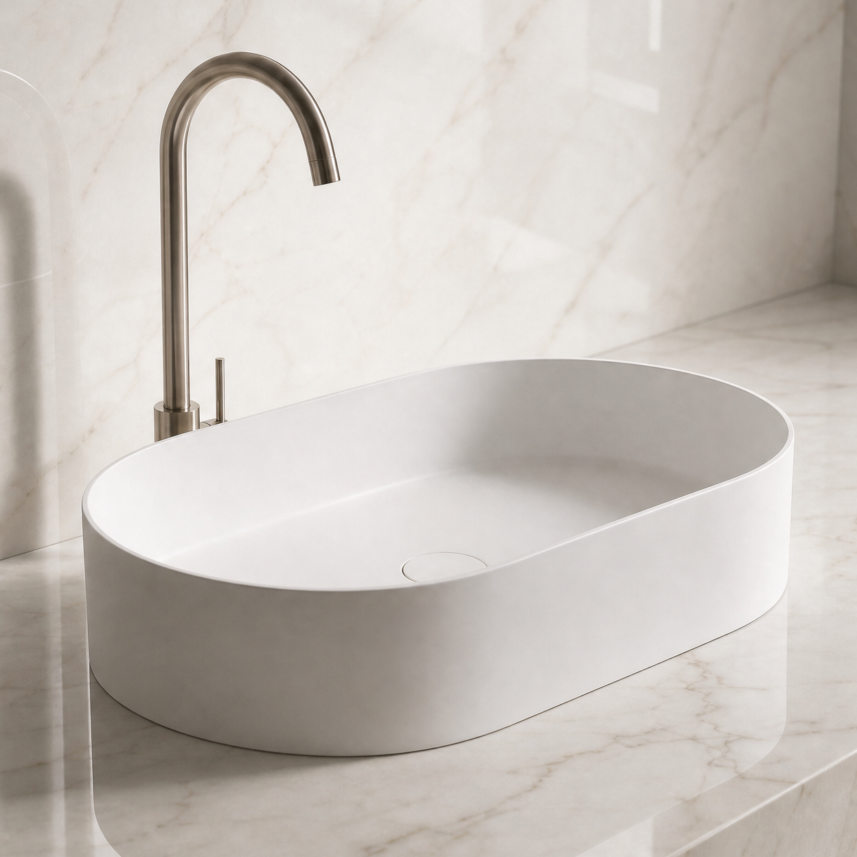 White Solid Surfaces oval sink on a marble countertop with a matching wall.