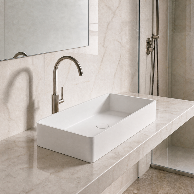 Modern bathroom with a white sink and bronze faucet against a marble wall.