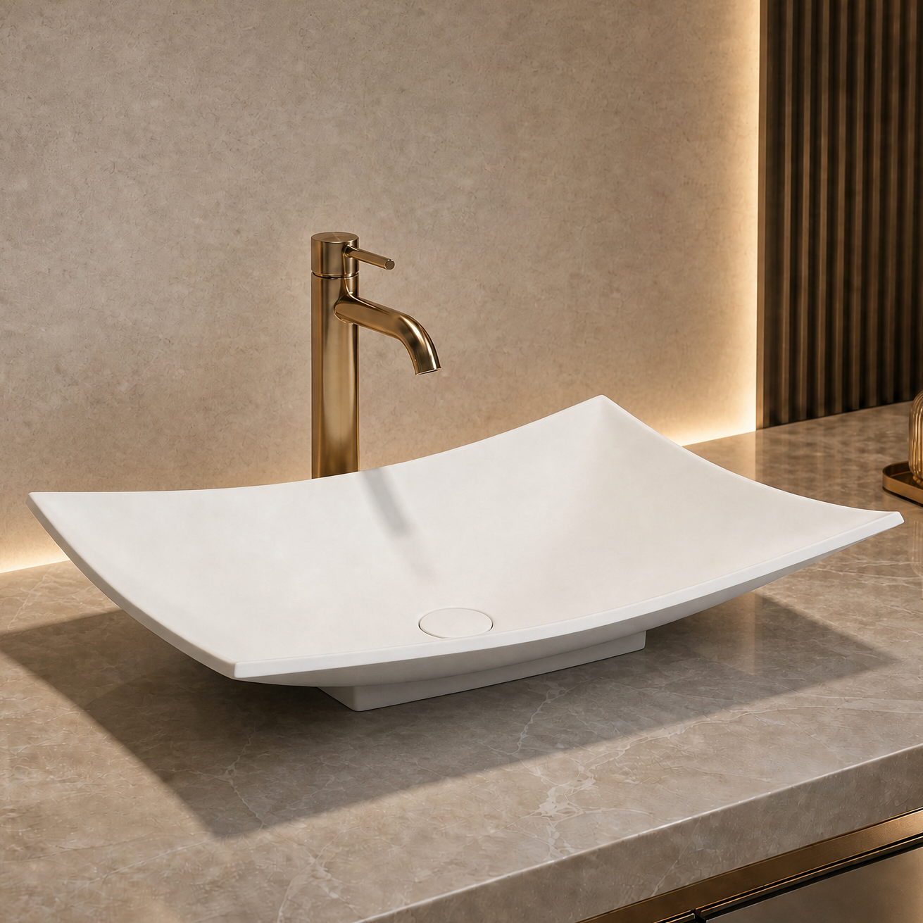Modern bathroom solid surfaces sink with faucet on a marble countertop